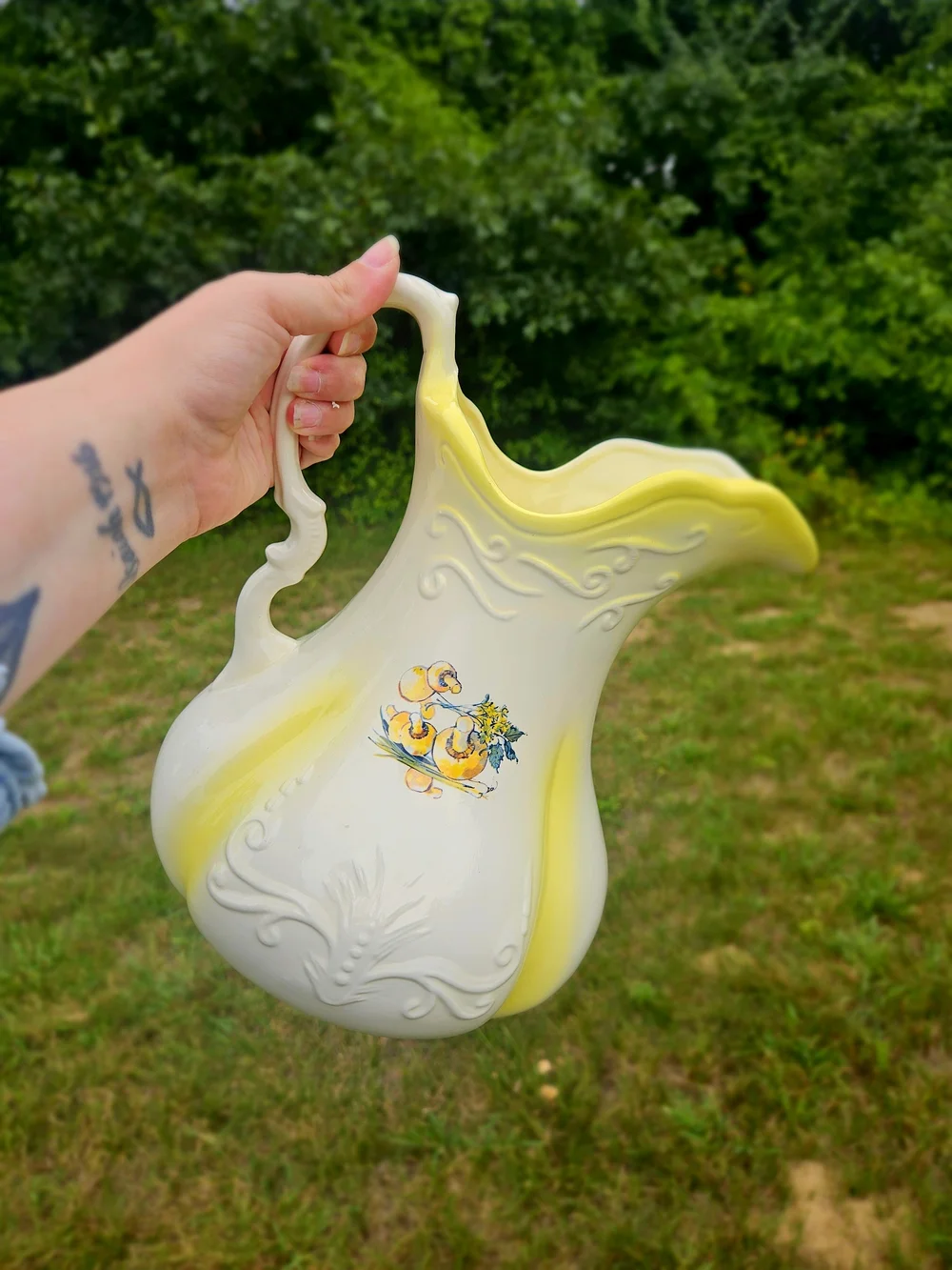 Cream and Yellow Ceramic Pitcher Vase with Floral Motif